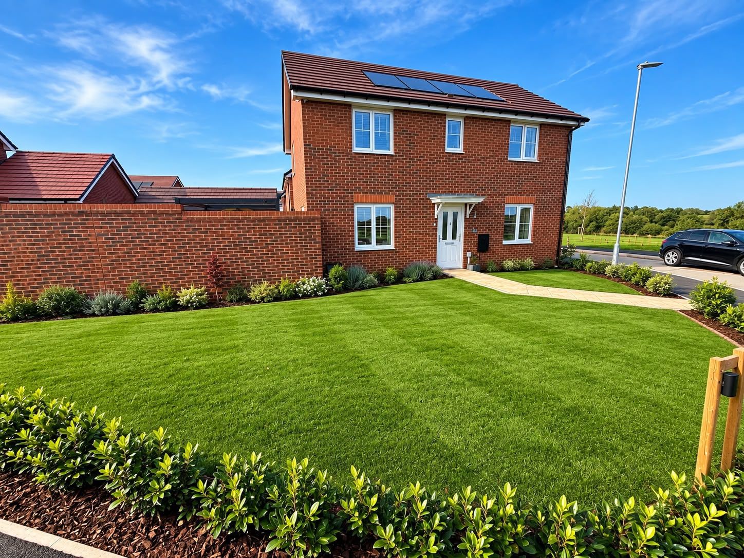 Lush green front lawn with fresh mown lines outside a new build home, edged with planted borders
