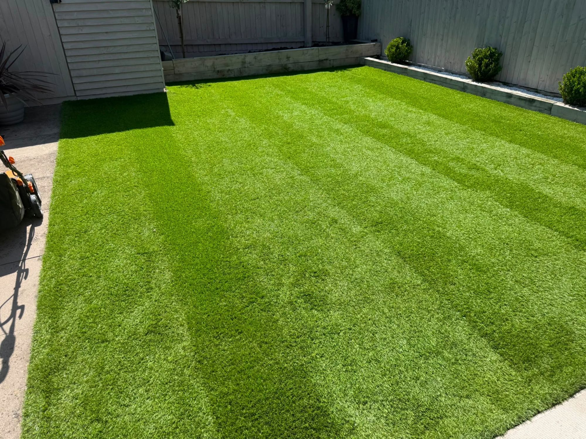 Another view of the cleaned, brushed artificial lawn, clear and ready to use